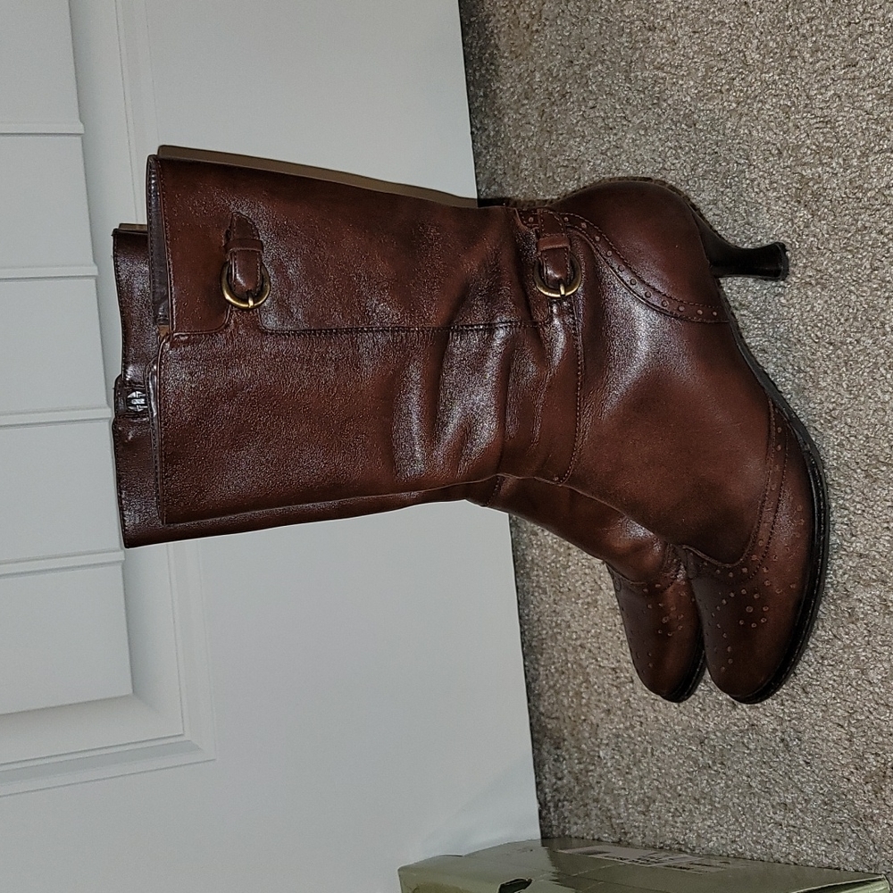 Sarah Jayne Brown Leather Mid-Calf Heeled Boots